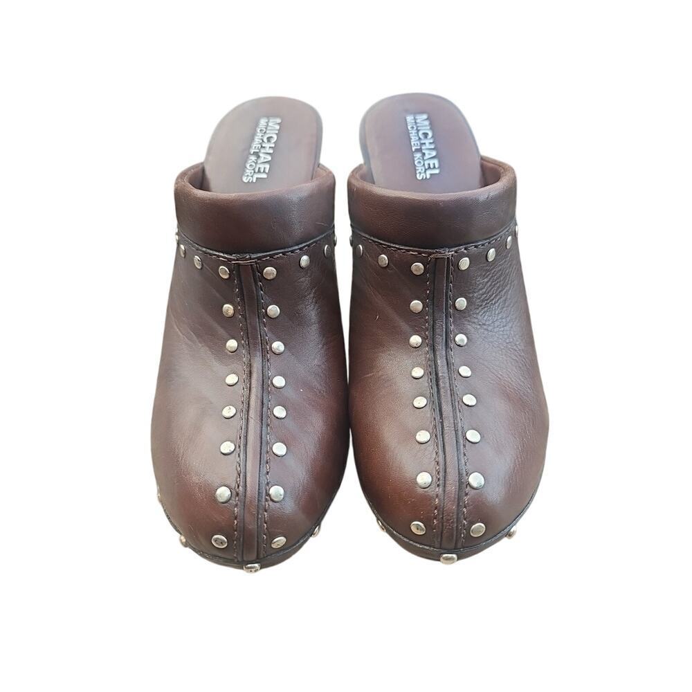 MICHAEL KORS Clogs ASTOR Heels Brown w Silver Studs MK Slip On US 6 $215